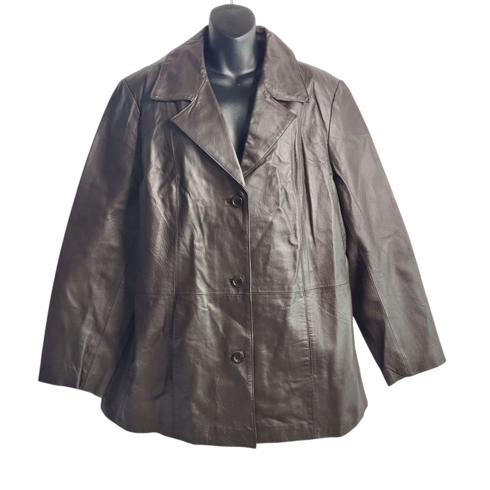 Dialogue Womens Leather Jacket Coat Taupe/Gray Collar Button-Up Lined Pl…